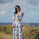 Set: Floral Bikini Top + Bottom + Cover-up Top + Pants
