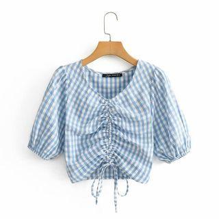 Plaid Drawstring Short-sleeve Crop Top