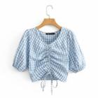 Plaid Drawstring Short-sleeve Crop Top