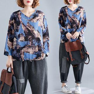Print V-neck Long-sleeve T-shirt Blue - L