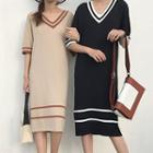 Contrast Trim V-neck Elbow Sleeve Knit Dress