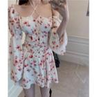 Halter-neck Floral Lace-up Mini A-line Dress Dress - White - One Size
