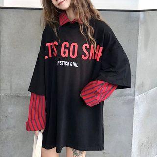 Mock Two-piece Lettering Pinstriped Shirt