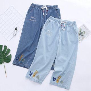 Cartoon Embroidered Straight-cut Capri Jeans