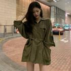 Badge Applique Front Pocket Button-down Shirt Army Green - One Size