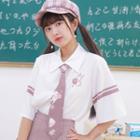Short-sleeve Rabbit Embroidered Shirt With Tie / Pleated Skirt