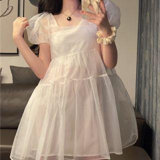 Puff-sleeve Square Neck Plain Loose Fit Dress