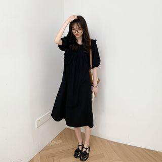 Round-neck Plain Ruffle A-line Dress