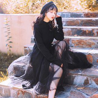 Set: Mock-neck Sweater + Long-sleeve A-line Midi Sheer Dress