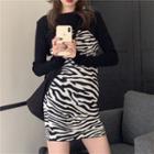 Set: Long-sleeve Top + Spaghetti Strap Zebra Print Mini Sheath Dress Set Of 2 - Black - One Size