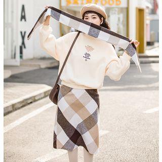 Lettering Sweatshirt / Plaid Scarf / Plaid Straight Fit Skirt / Set