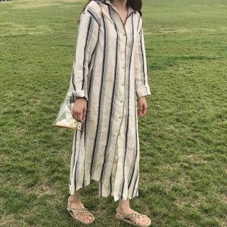 Long-sleeve Striped Midi A-line Dress Stripe - Blue & White - One Size
