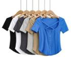 Short-sleeve Cross Strap Button-up Plain Top