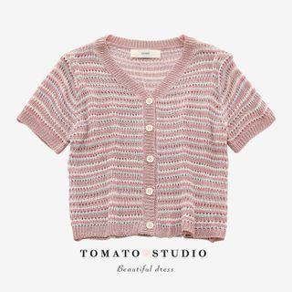 V-neck Color-block Striped Button-up Knit Top