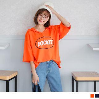 Elbow Sleeve Loose-fit Print Hooded Top