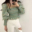 Puff-sleeve Plaid Square-neck Blouse