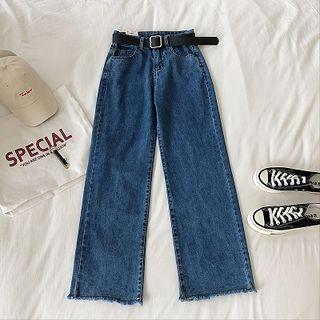 Plain High-waist Frayed Jeans With Belt