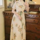 Mandarin Collar Short-sleeve Floral Embroidered Midi A-line Dress