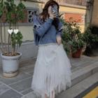 Long-sleeve Ruffle Trim Cardigan / Asymmetrical Mesh Midi Skirt