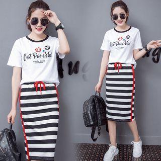 Set: Letter Short-sleeve T-shirt + Stripe Midi Skirt