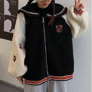 Embroidered Sailor Collar Zip Fleece Jacket