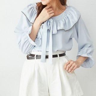 Smocked Cuff Contrast Trim Ruffled Top