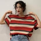 Rainbow Stripe Short-sleeve Round Neck T-shirt