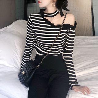 Striped Cold-shoulder Long-sleeve T-shirt