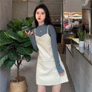 Long-sleeve Button Accent Top / Spaghetti-strap Faux Leather Dress