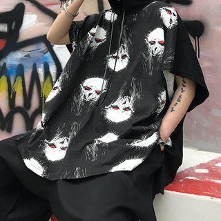 Monster Print Short-sleeve Hoodie Black - One Size
