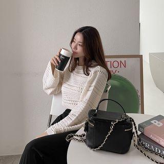 Wide-sleeve Pointelle-knit Crop Top