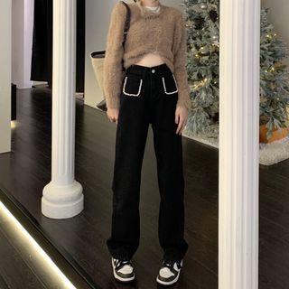 Faux Pearl High Waist Wide Leg Jeans