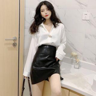 Long-sleeve Pin Plain Shirt / Faux Leather A-line Skirt