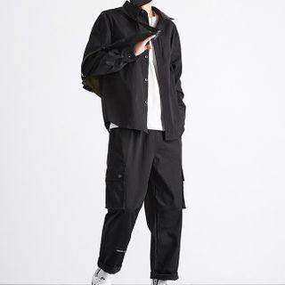 Set: Lettering Shirt + Drawstring-cuff Straight-leg Cargo Pants