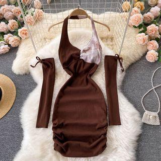 Halter Open-back Color Block Suspender Skirt