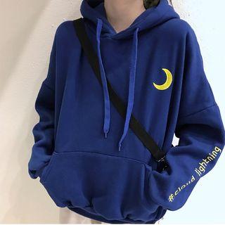 Crescent Moon Embroidered Hoodie Dark Blue - One Size