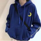 Crescent Moon Embroidered Hoodie Dark Blue - One Size