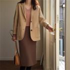 Plain Lapel Woolen Coat / Plain Sweater / High Waist Midi A-line Skirt