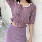 Lace Plaid Short-sleeve Blouse / Plain High-waist Skirt