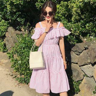 Polka Dot Cold-shoulder A-line Dress Red - One Size