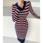 Stripe Knit Long Bodycon Dress Navy Blue - One Size
