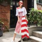 Set: Elbow-sleeve Cold-shoulder T-shirt + Striped Midi A-line Skirt