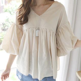 V-neck Shirred Cotton Blouse