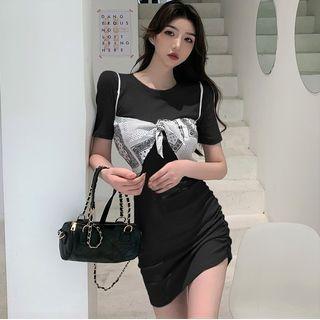 Set: Shirred Mini Bodycon Dress + Print Cropped Camisole Top