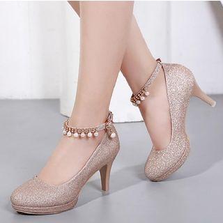 Faux Pearl Ankle-strap Glitter Pumps
