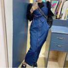 Tie-waist Midi Denim Overall Dress Dark Blue - One Size