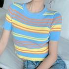 Knit Short-sleeve Striped Top Stripe - Rainbow - One Size