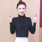 High-neck Ruffle-trim Dotted Blouse
