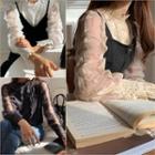 Sheer-sleeve Crochet-trim Velvet Blouse