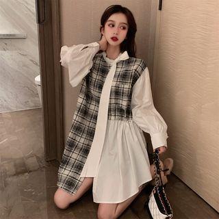 Plaid Panel Drawstring Mini Shirtdress As Shown In Figure - One Size